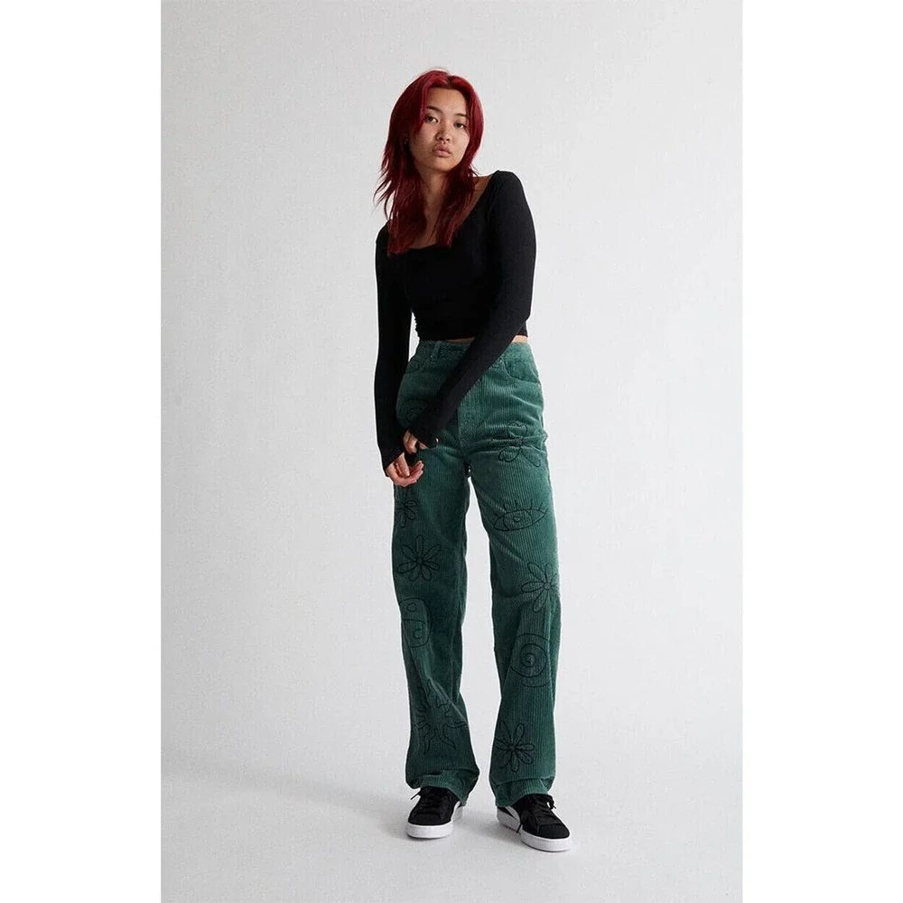 NWT PacSun Green Corduroy Embroidered Boyfriend Jean Doodle Baggy Womens Size 28 - Picture 3 of 16